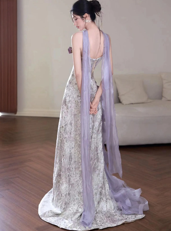Glamorous Strapless Purple Satin Tulle Mermaid Prom Dress Evening Dress With Flowers Y8601