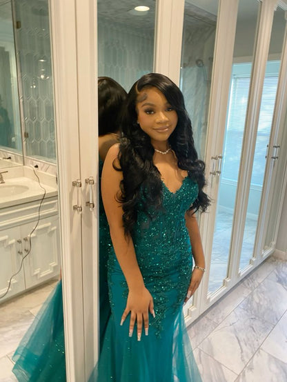 Dark Green Mermaid Tulle Lace Prom Dress Winter Formal Gown