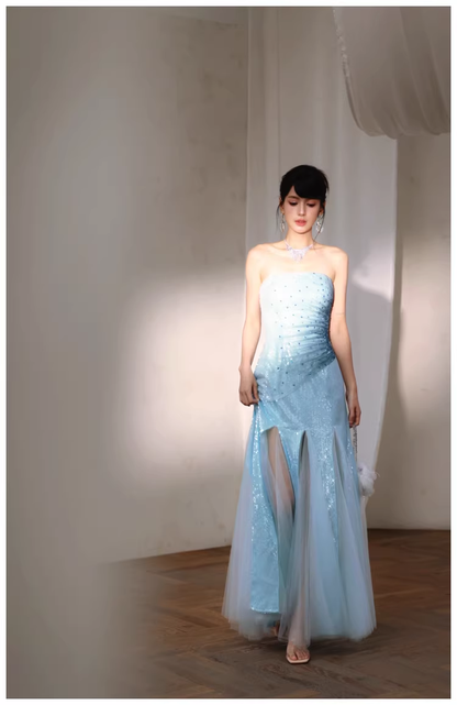 Charming Strapless Blue Tulle Sequin Beaded Mermaid Long Evening Dress Birthday Party Gown