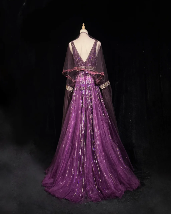 Gorgeous Purple V Neck Tulle Beaded A Line Long Evening Dress Birthday Party Gown SP1798
