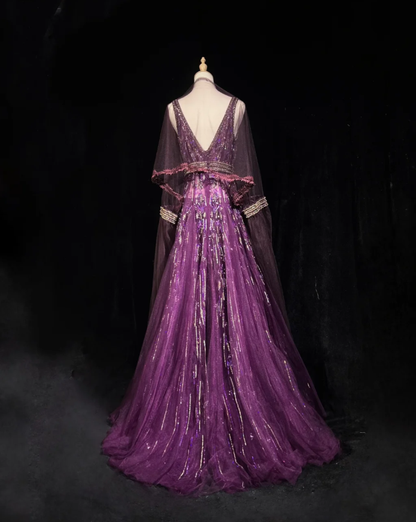 Gorgeous Purple V Neck Tulle Beaded A Line Long Evening Dress Birthday Party Gown SP1798