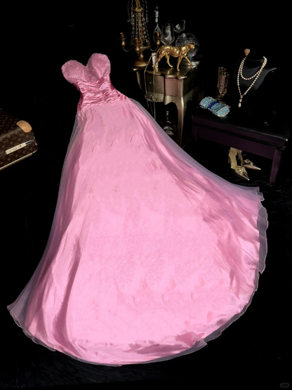 Glamorous Bright Pink Chiffon Sweetheart Beaded A-Line Strapless Evening Gown TP5363