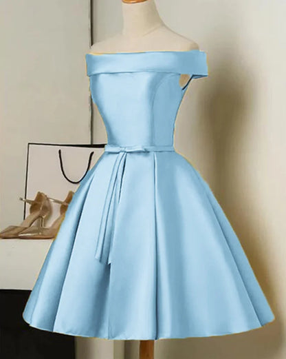Red/Pink/Yellow/Blue Cute Off Shoulder Short Elegant Satin Prom Dress Homecoming Dress Party Dress 8211