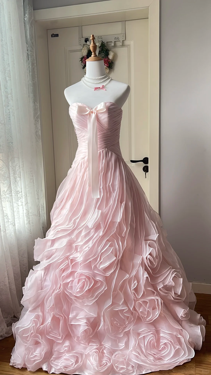 Vintage Pink Strapless 3D Rose Ruffle Organza Quinceanera Ball Gown TP5840