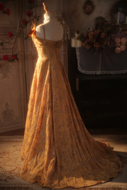Vintage Mustard Yellow Sequin Floral Embroidery Spaghetti Strap Evening Gown TP5520