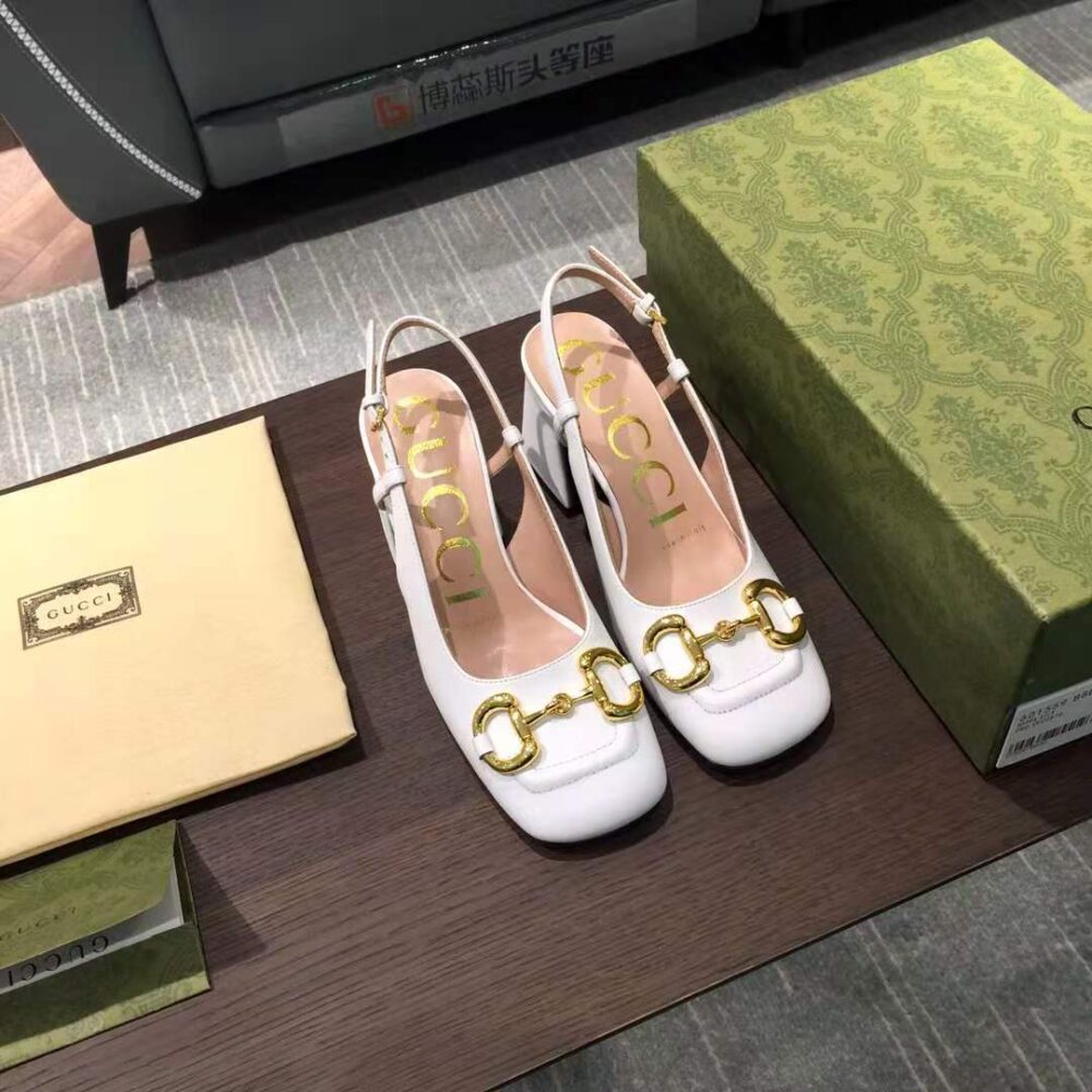 Gucci Women’S Mid Heel Slingback With Horsebit White ‎643892 C9D00 9022