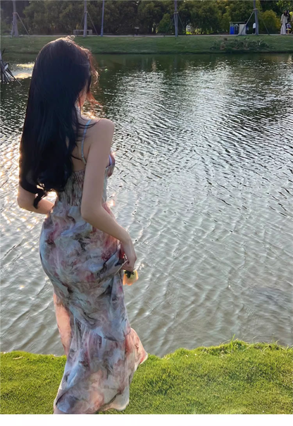 New Fashion Elegant Floral Design Mermaid Spaghetti Strap Dress TP3021
