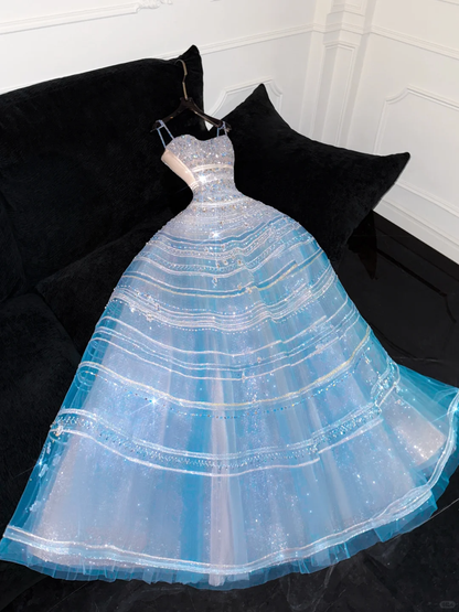 Vintage Sparkling Blue Sequin Sweetheart A-Line Design Tulle Evening Dress Prom Dresses TP4160