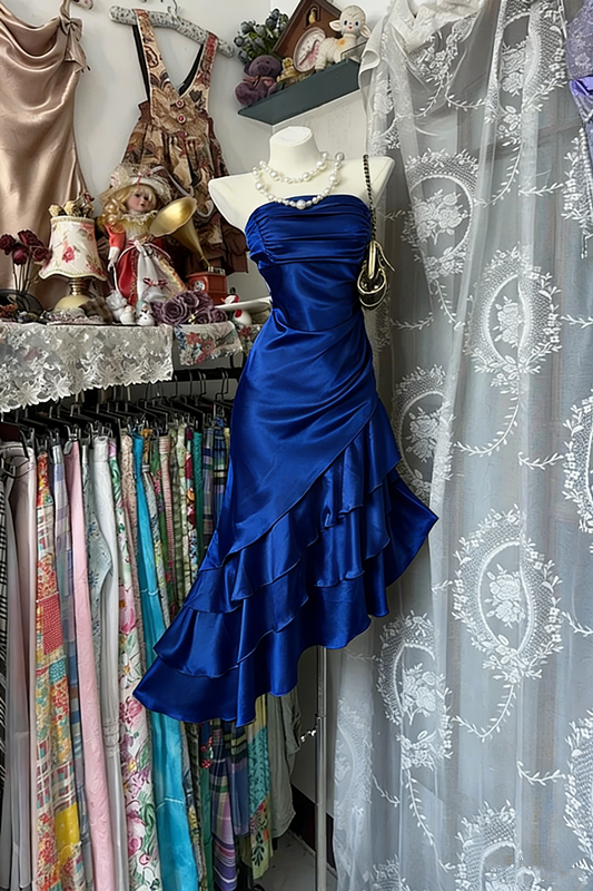 Champagne-colored strapless satin slim-waisted ruffled hem maxi ball gown R6180