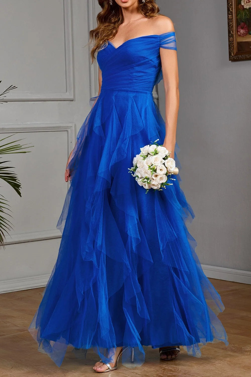 Elegant Off-Shoulder Royal Blue Tulle Prom Dress  Sweetheart Tiered Ruffle A-Line Formal Evening Gown TP5751