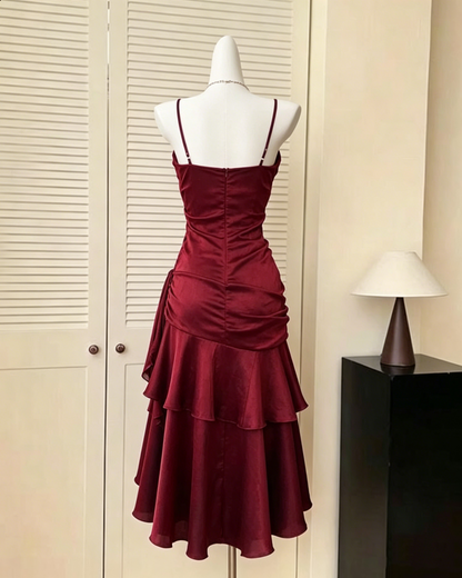 Vintage Burgundy Velvet Spaghetti Strap Midi Ruffled Layered Prom Dress TP5847