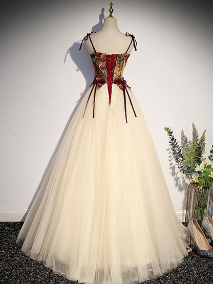 Vintage Spaghetti Straps Tulle A Line Evening Dress Elegant Party Gown cc1708
