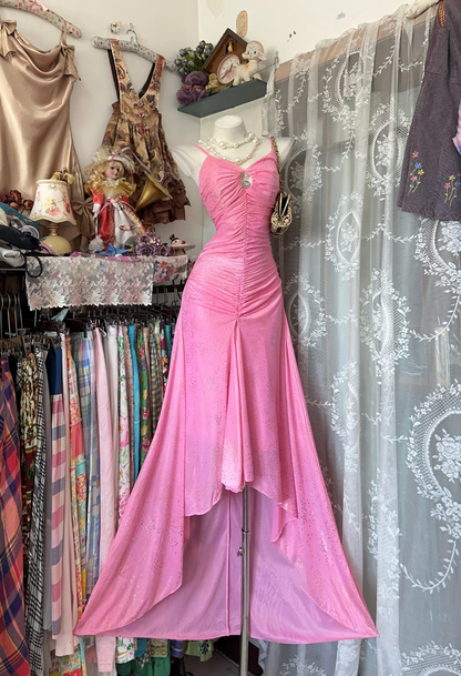 Vintage Hot Pink Glitter Ruched High Low Hem Spaghetti Strap A-Line Prom Dress TP5859