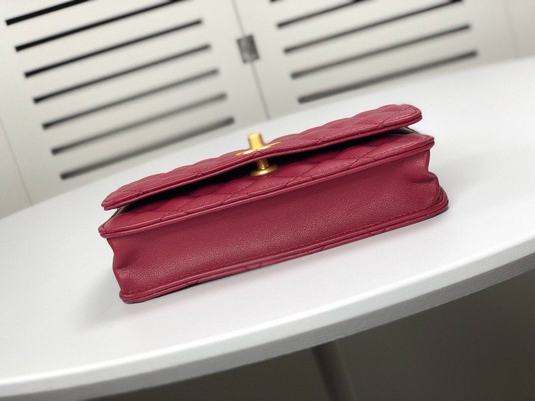 WALLET ON CHAIN Grained Shiny Calfskin & Gold-Tone Metal Dark Burgundy
