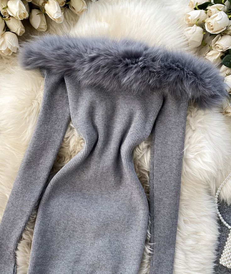 Black/white/gray autumn and winter fashion new sexy off-shoulder fashion fur collar slim hip knitted dress 11281