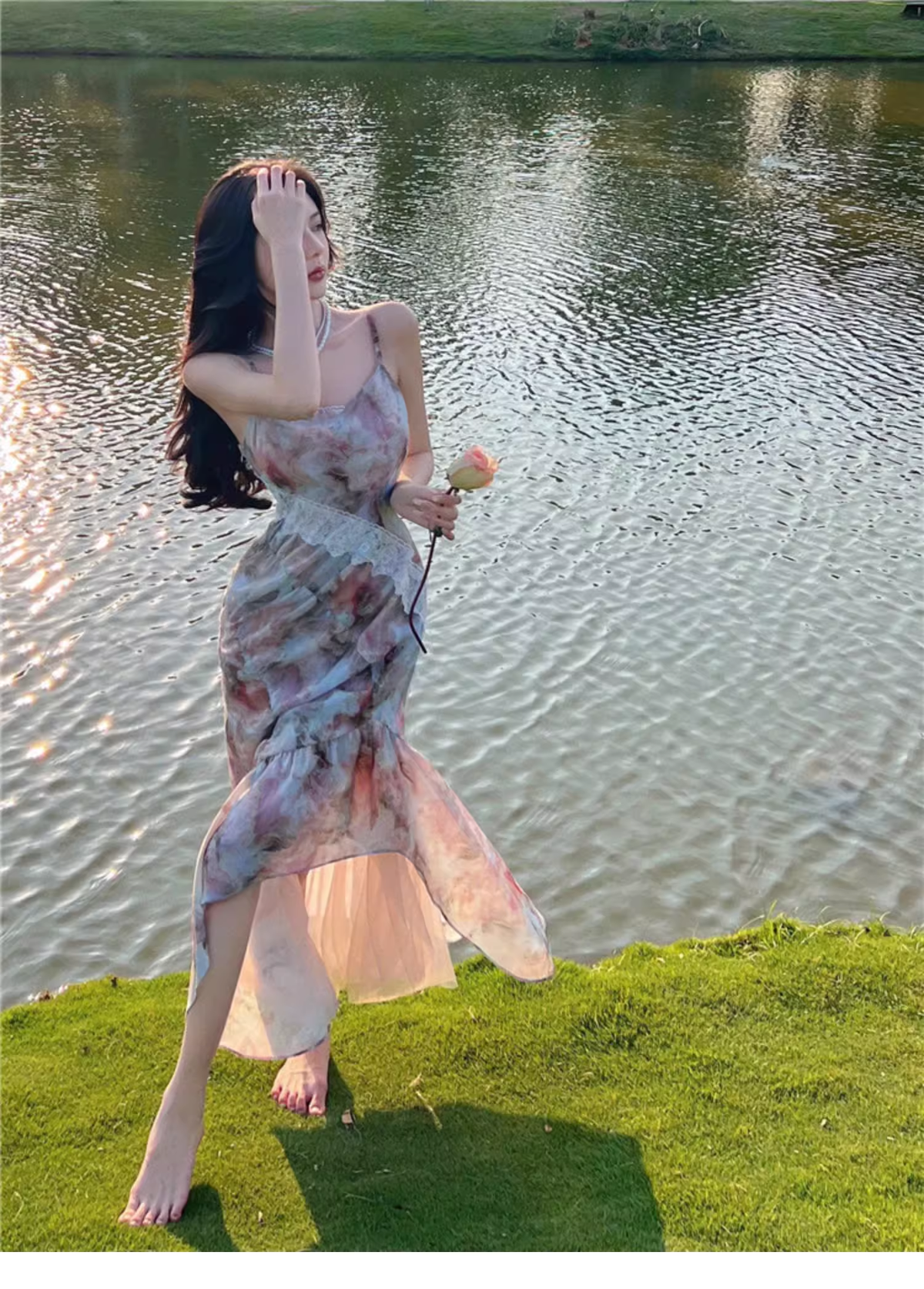 New Fashion Elegant Floral Design Mermaid Spaghetti Strap Dress TP3021