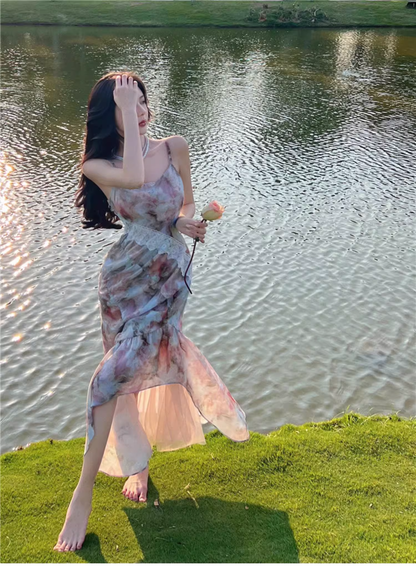 New Fashion Elegant Floral Design Mermaid Spaghetti Strap Dress TP3021