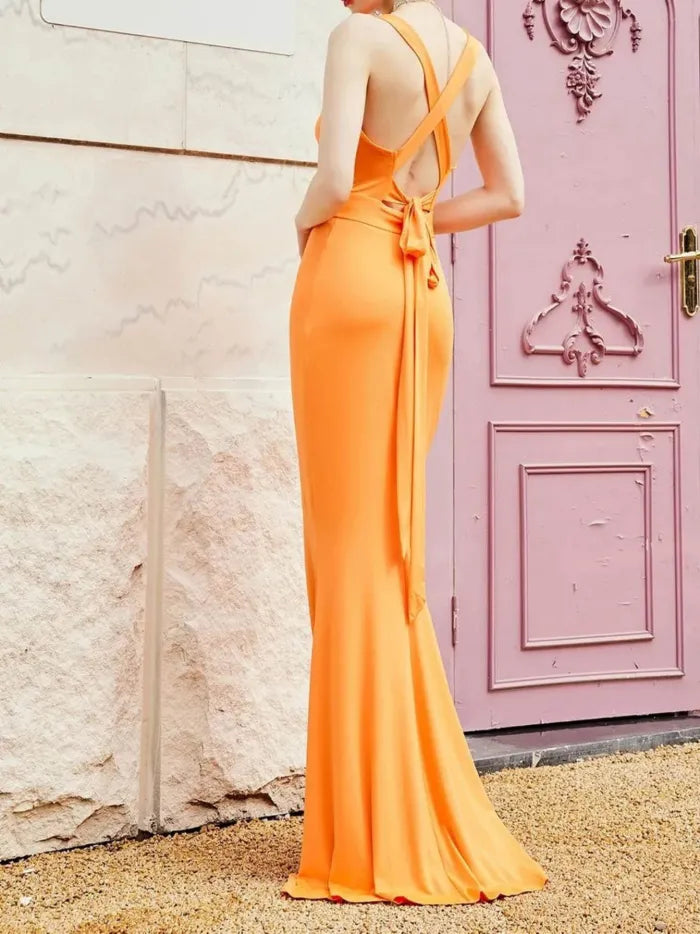 Women's solid color strapless sexy party tie cross backless prom dress