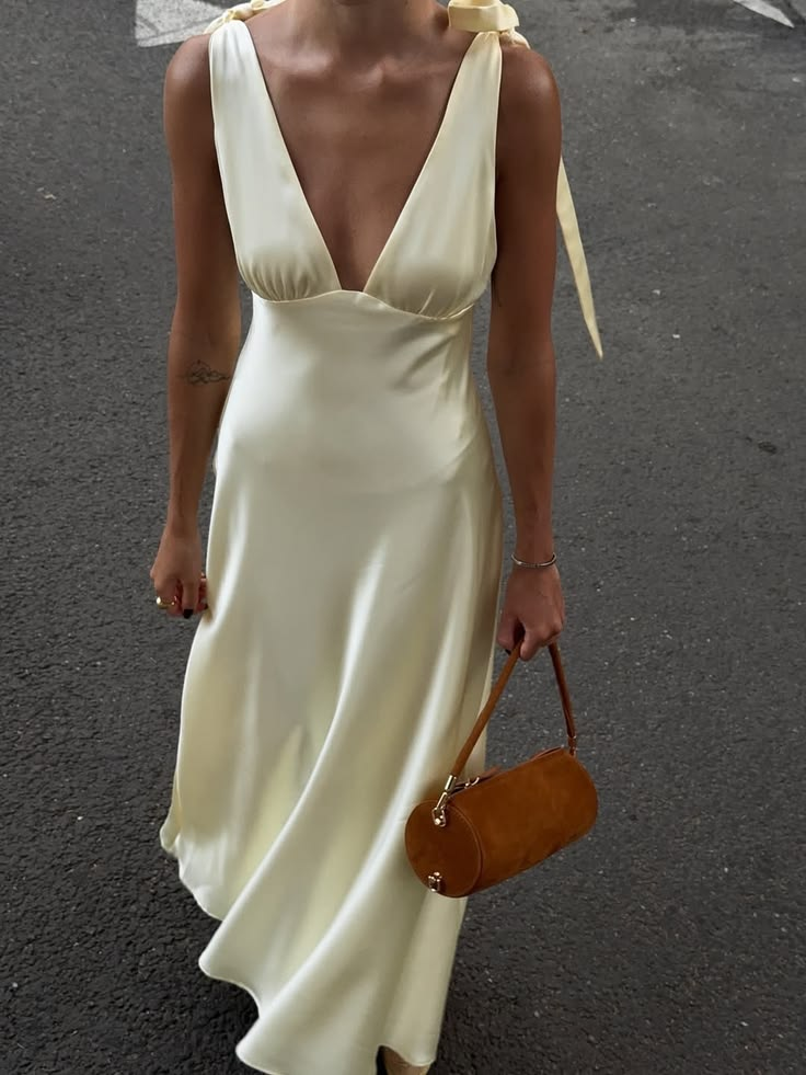 Elegant Cream Satin Deep V-Neck Tie Shoulder A-Line Prom Dress TP5822
