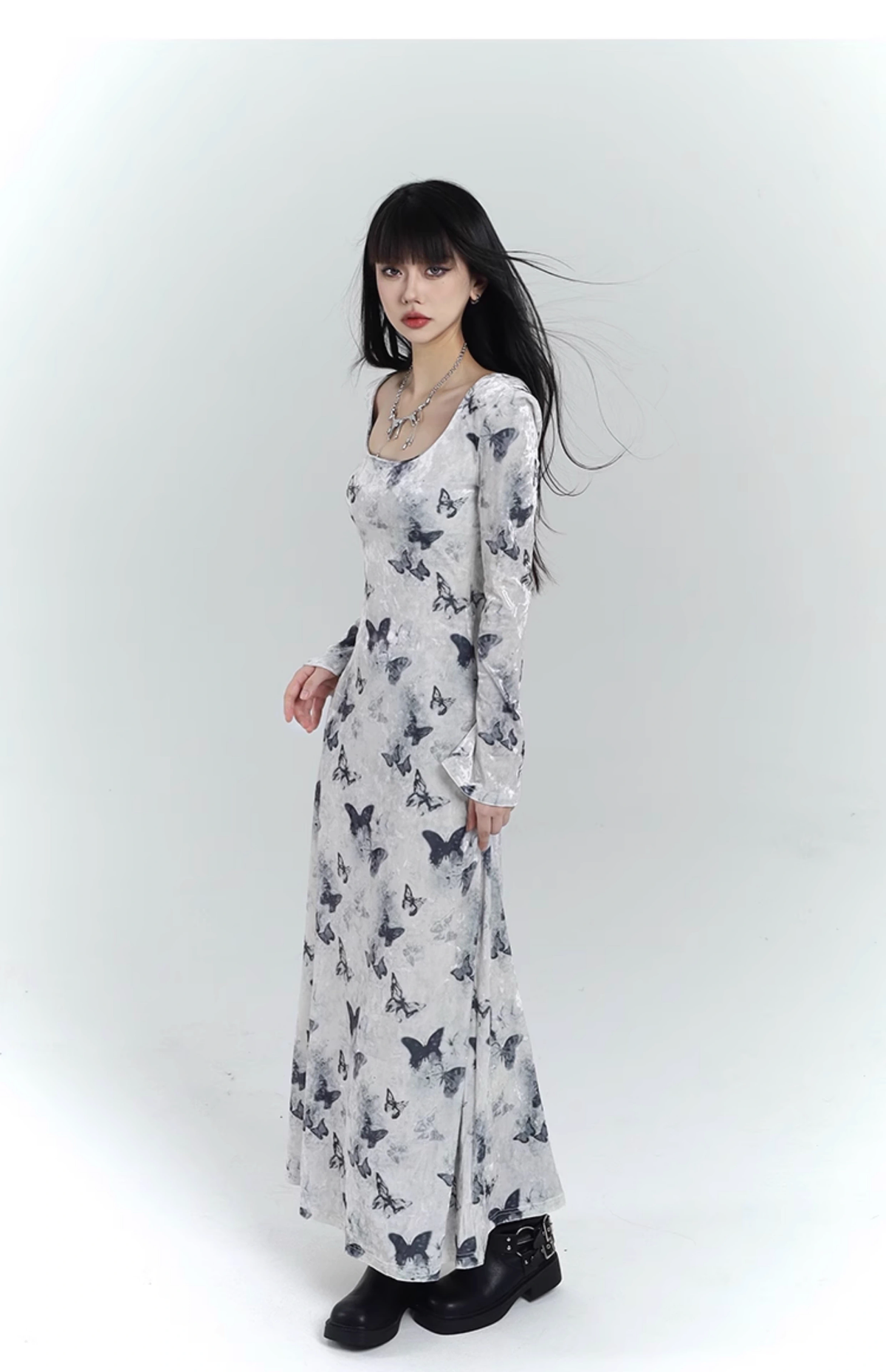 New Fashion Butterfly Pattern Design Sense White Long-sleeved Dress TP2929