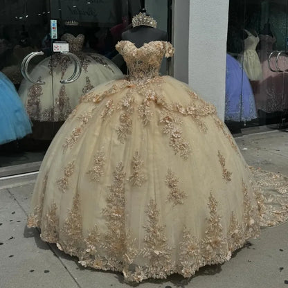 Champagne Off the Shoulder Ball Gown Applique Quinceanera Dress with Train
