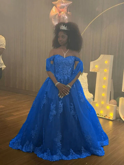 A Line Green Tulle Lace Princess Dresses Off the Shoulder Party Ball Gowns