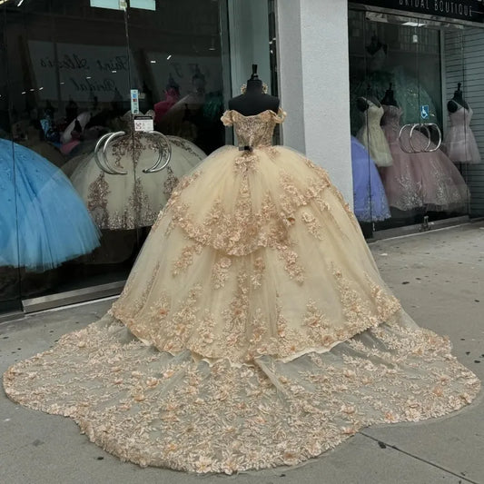Champagne Off the Shoulder Ball Gown Applique Quinceanera Dress with Train