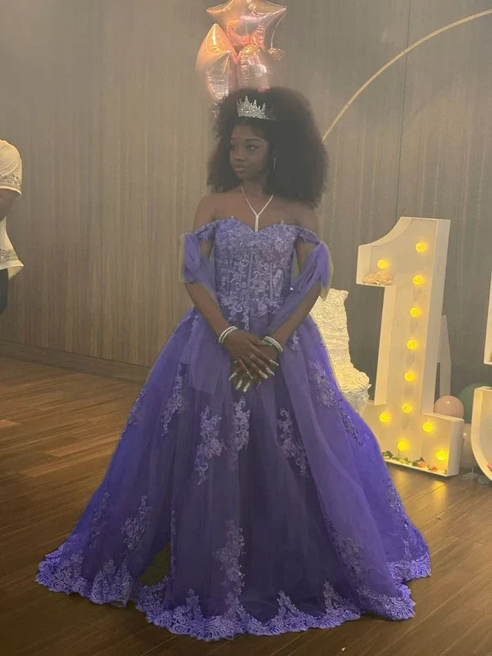 A Line Green Tulle Lace Princess Dresses Off the Shoulder Party Ball Gowns