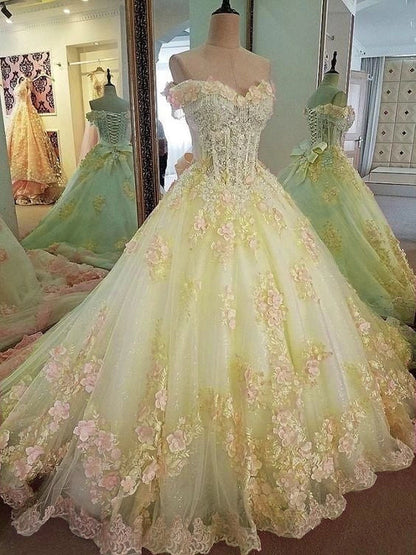 Sweet 16 Dresses Pink Lace Floral Prom Dresses Ball Gown Off The Shoulder Elegant Beaded Luxury Prom Gown