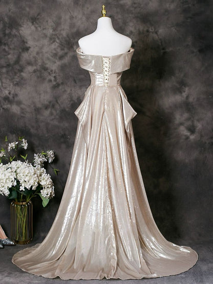 Glamorous Champagne Satin Off-Shoulder Sheath Draped Evening Gown TP5102