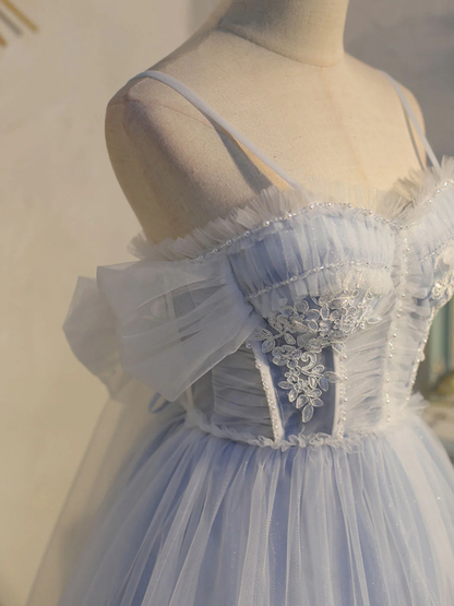 Vintage Light Blue Applique Sweetheart Spaghetti Strap Design A-line Tulle Party Dress Homecoming Dress TP4070
