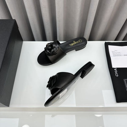 Chanel Black Camellia Slide Flat Sandals