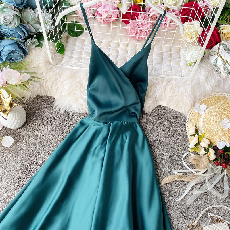 Elegant V Neck Satin A Line Dress Fashion Dress  10857
