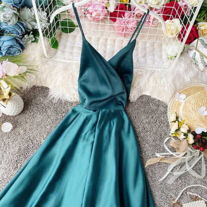 Elegant V Neck Satin A Line Dress Fashion Dress  10857