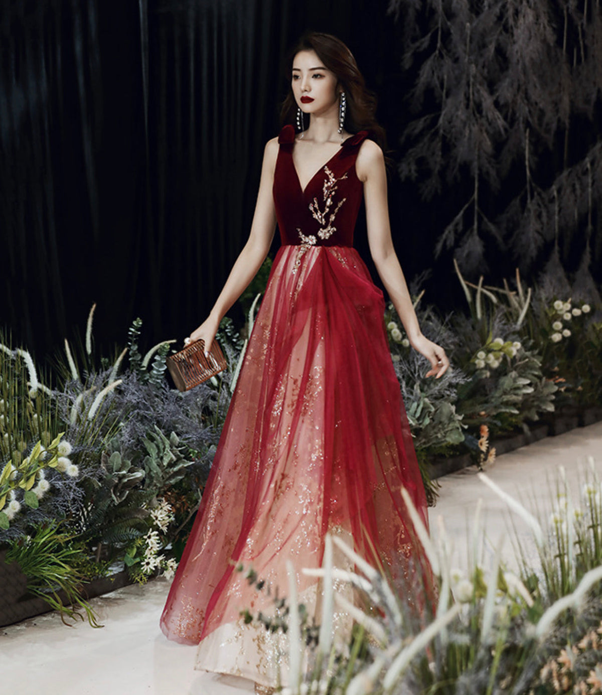 Burgundy velvet long prom dress A line evening gown  10495