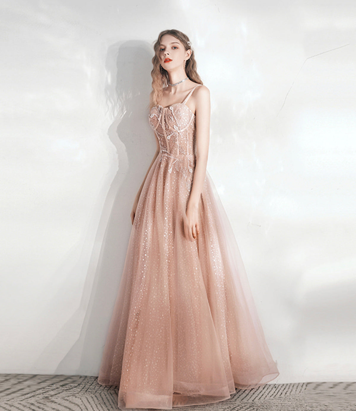 Cute tulle lace long A line prom dress evening dress  10392