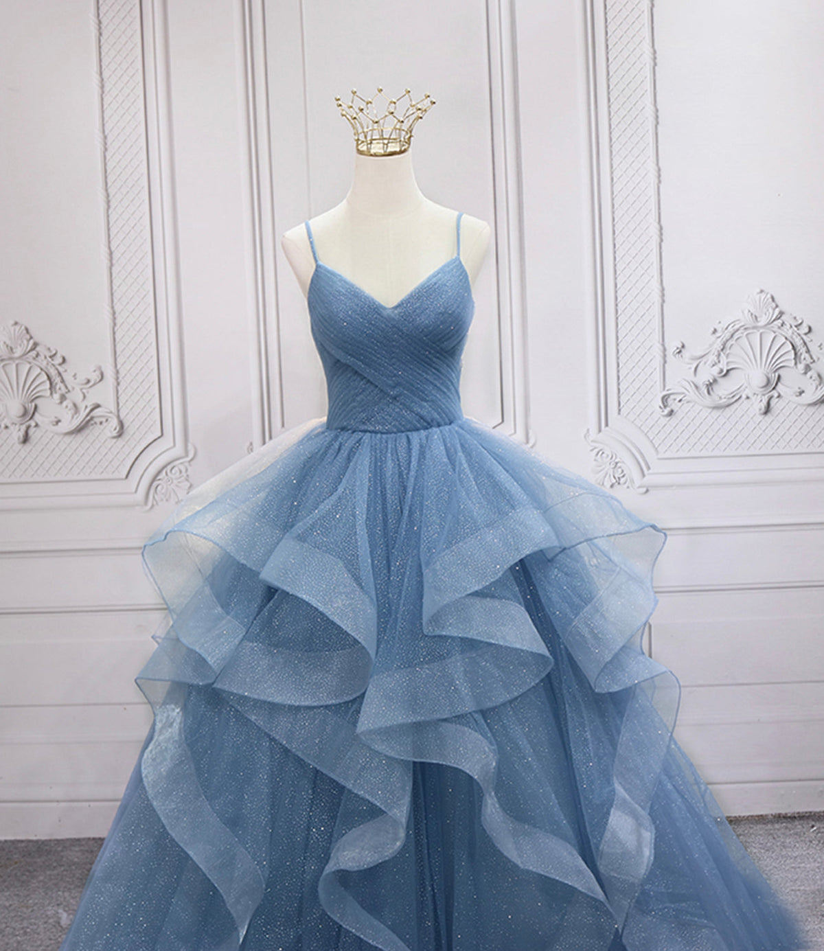 Blue tulle long prom dress blue evening gown  10248