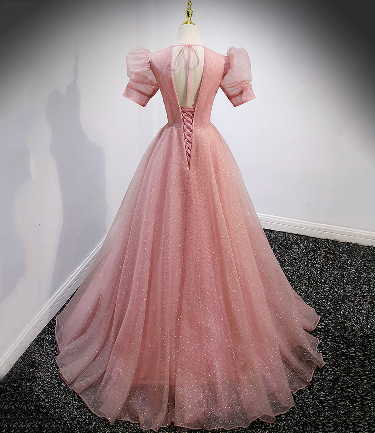 Pink tulle beads long prom dress A line evening gown  10162