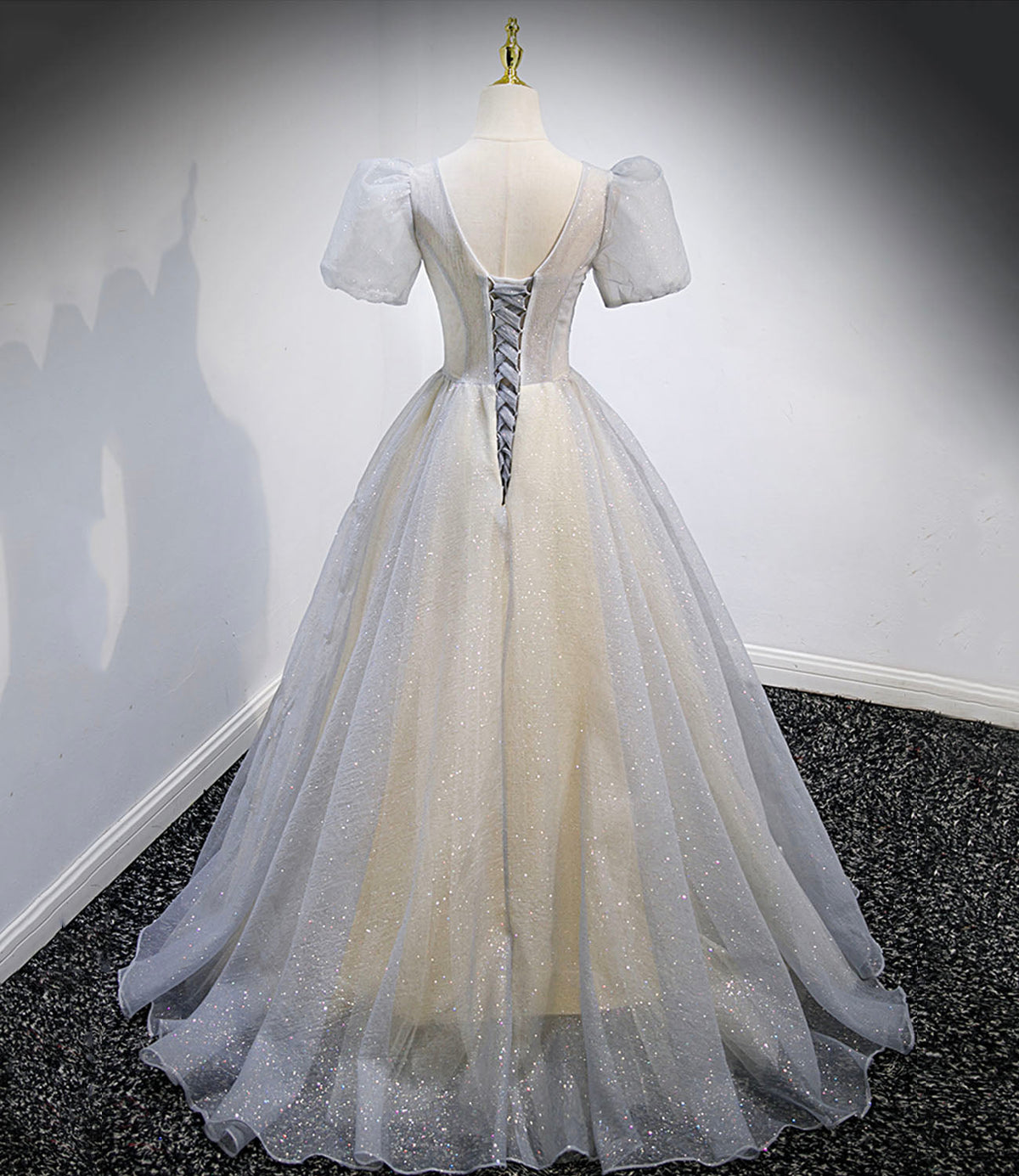 Gray tulle sequins long prom dress gray evening dress  10160