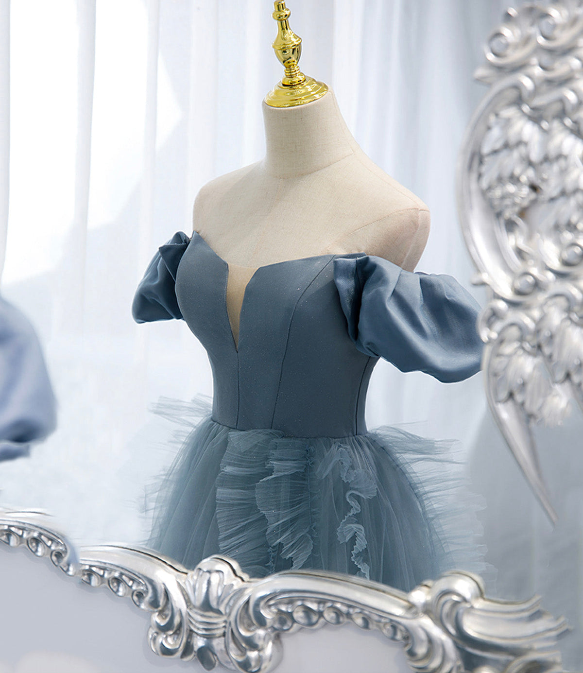 Blue tulle long prom dress blue evening dress  10151