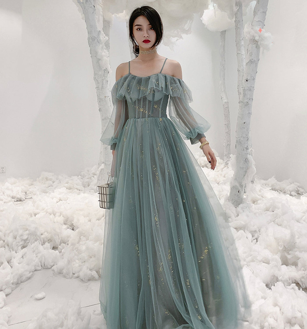 Cute tulle long A ine prom dress evening gown  10137