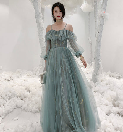 Cute tulle long A ine prom dress evening gown  10137