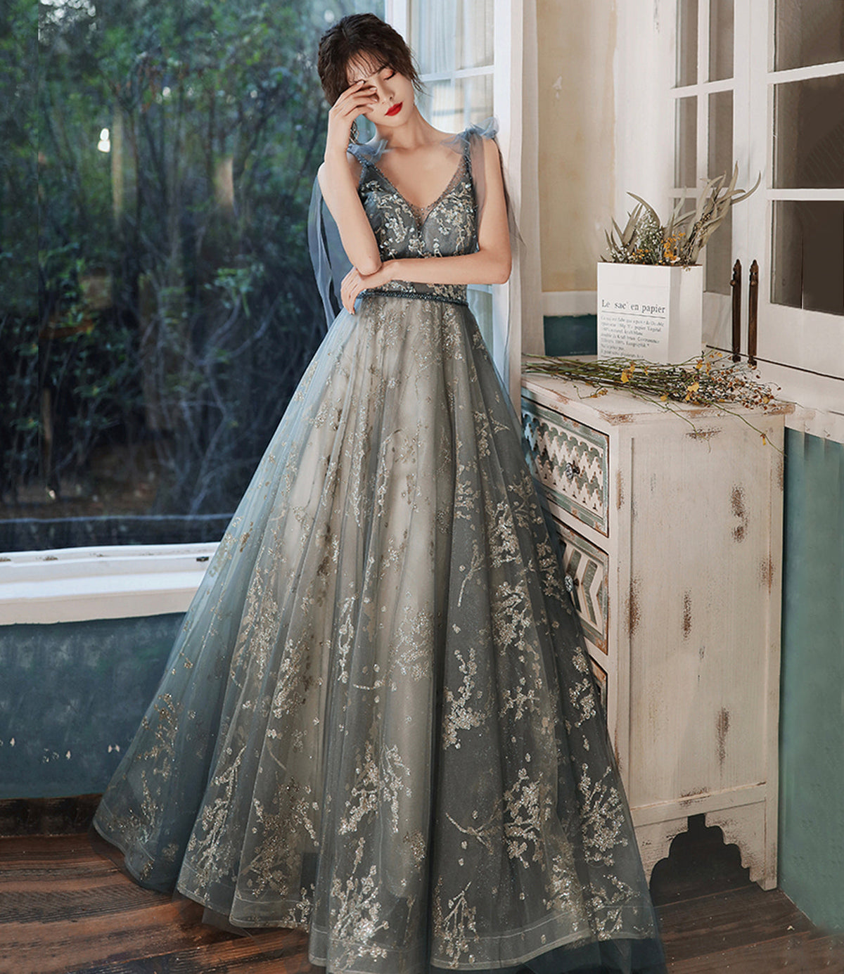 Gray tulle sequins long prom dress evening gown  10121