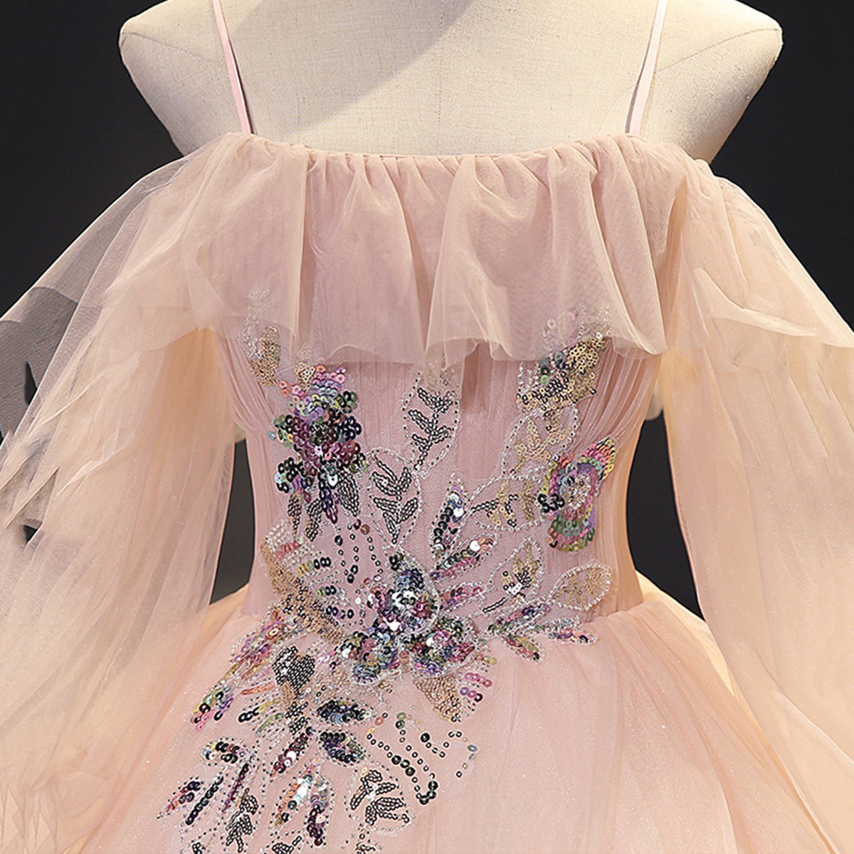 Pink tulle sequins long ball gown dress evening gown  10093