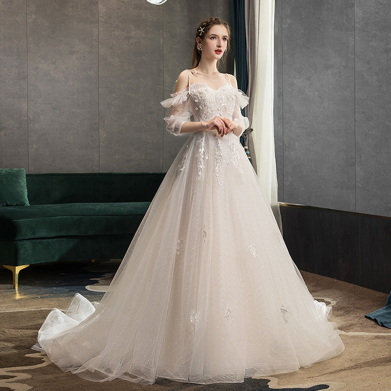 White tulle lace long prom gown A line evening gown  10117