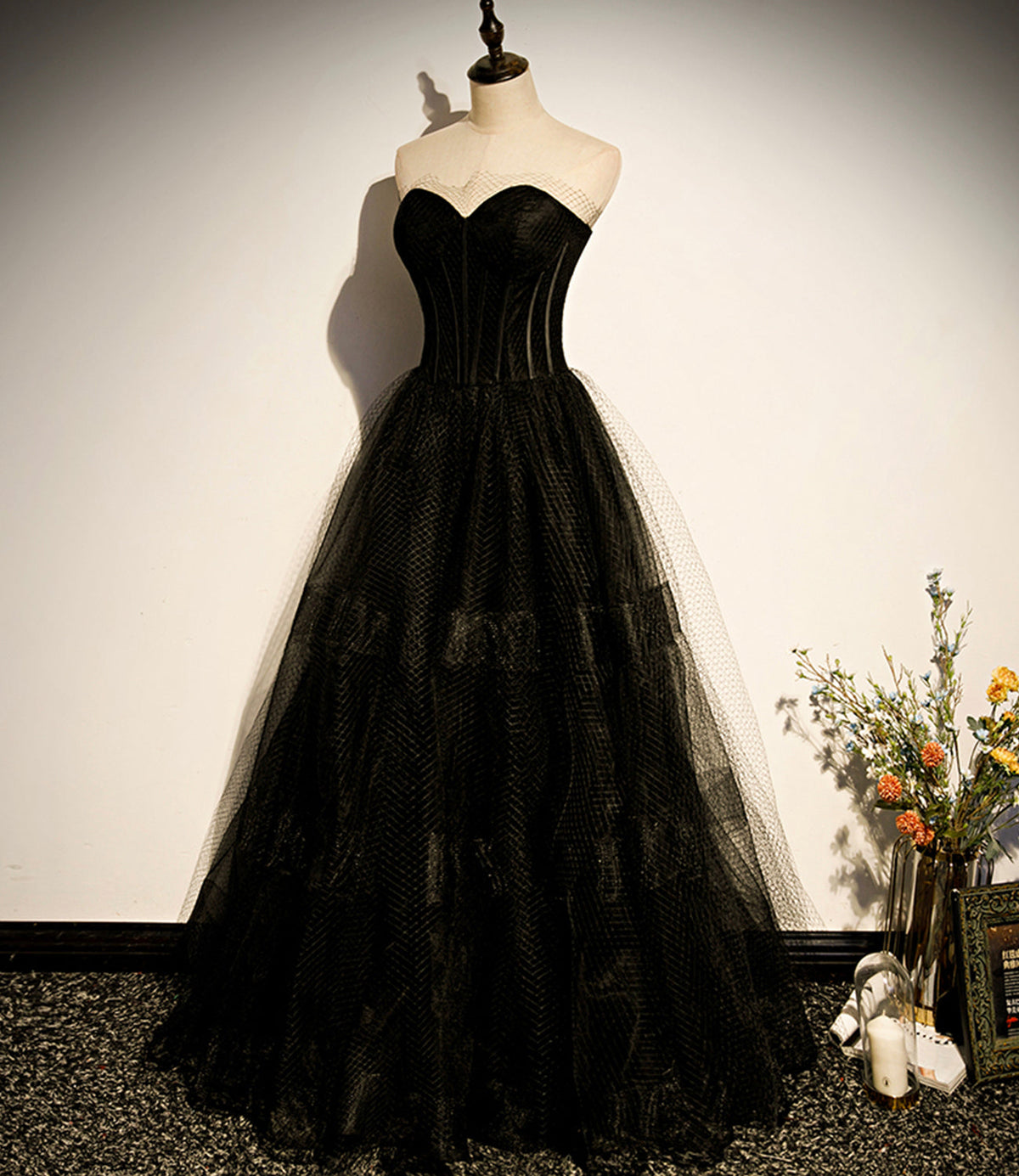 Black tulle long A line prom dress black evening dress  8830