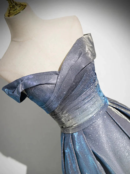 Blue Fashion Elegant Gradient Off-shoulder A-line Floor-length long satin Ball Gown Evening Gown Graduation Gown gh3438