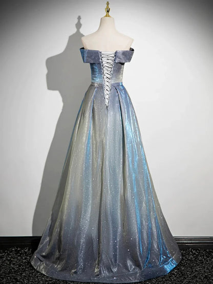 Blue Fashion Elegant Gradient Off-shoulder A-line Floor-length long satin Ball Gown Evening Gown Graduation Gown gh3438