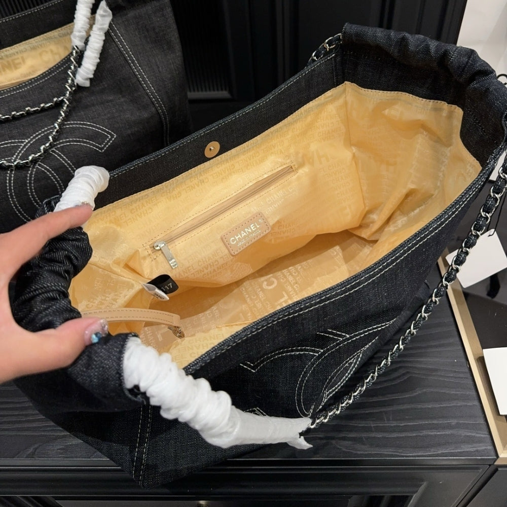 Chanel Large Tote Bag Black Denim Chain Strap 36Cm
