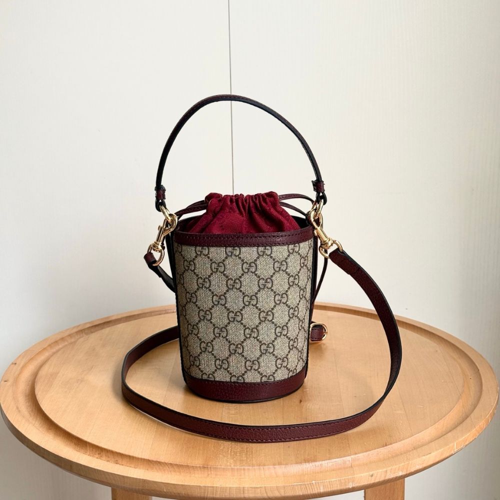 Gucci Ophidia Mini Bucket Bag Beige And Dark Red 20Cm